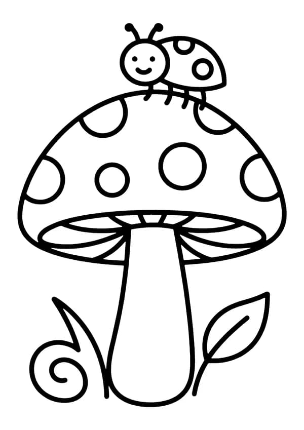Printable hand-drawn Mushroom with Ladybug coloring page
