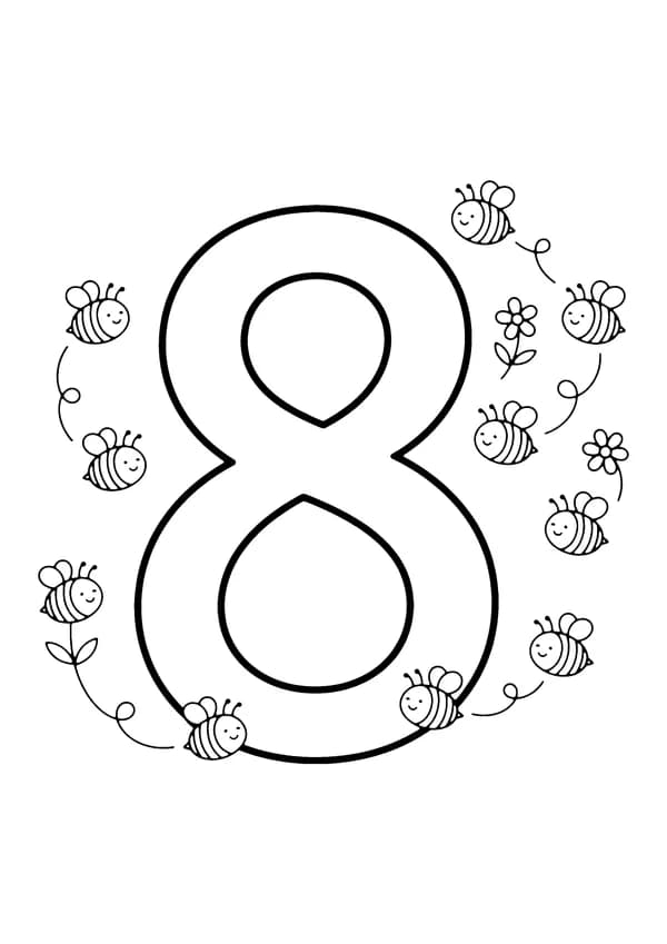 Printable hand-drawn Number Eight Bees coloring page