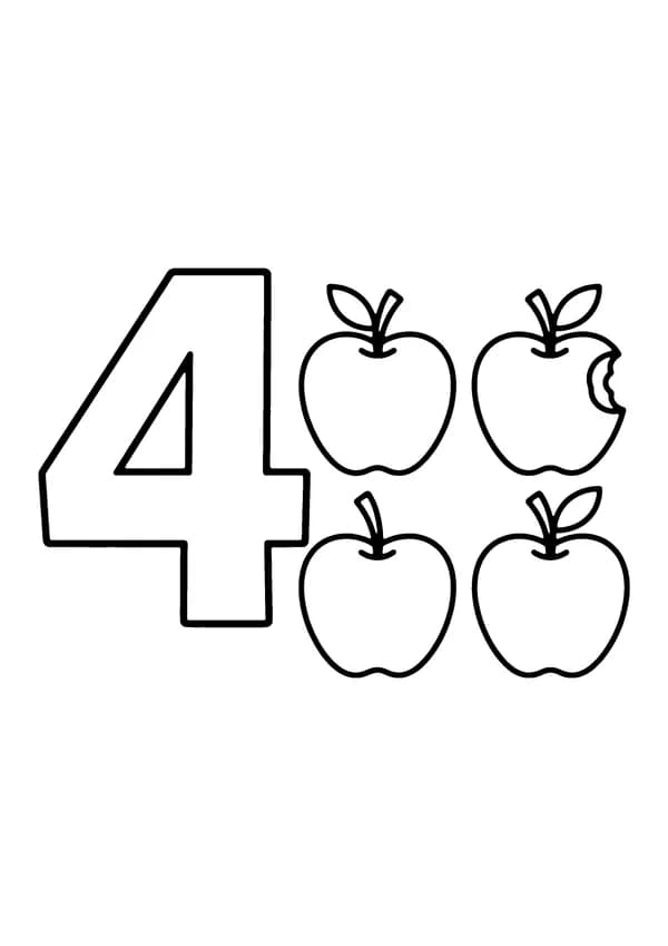 Printable hand-drawn Number Four Apples coloring page