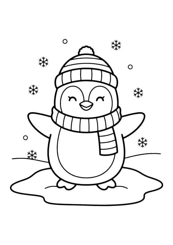 Printable hand-drawn Penguin in the Snow coloring page