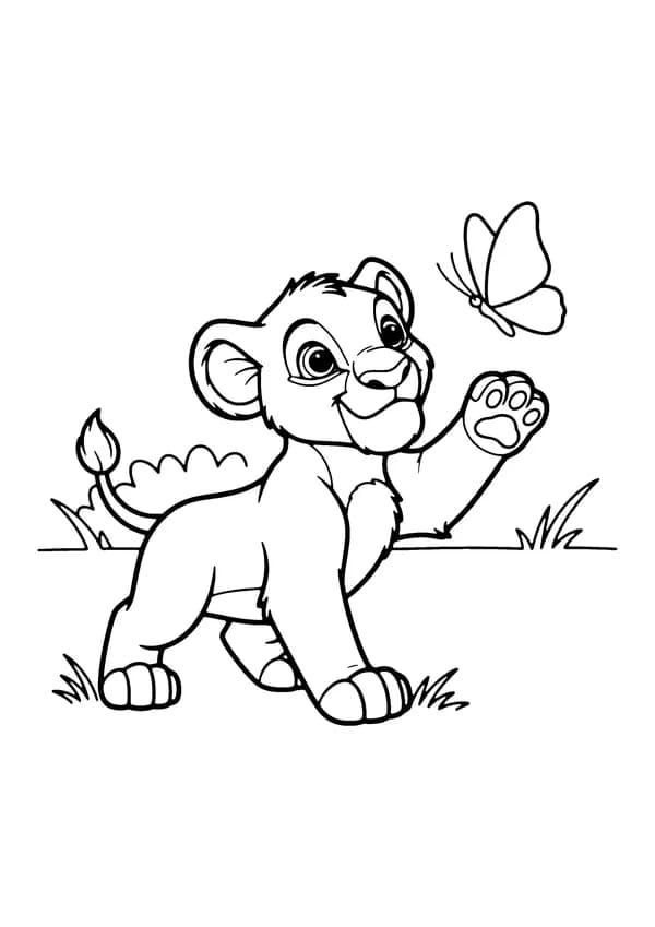 Printable hand-drawn Playful Cub with Butterfly coloring page