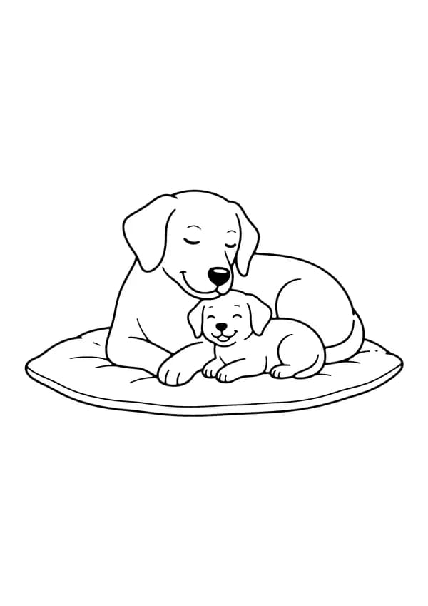 Printable hand-drawn Puppy and Mama Dog coloring page
