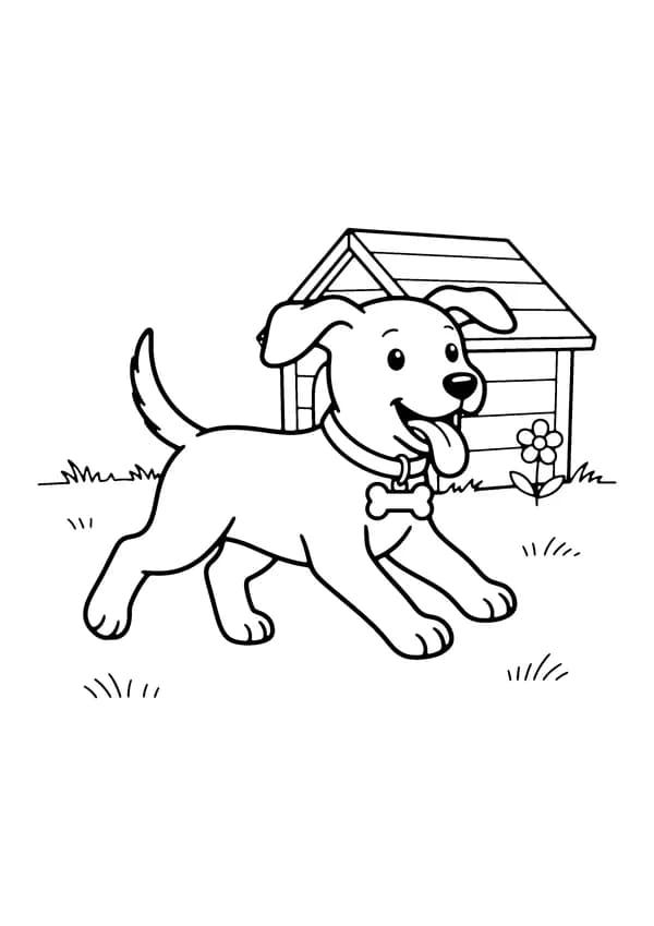Printable hand-drawn Puppy in the Backyard coloring page