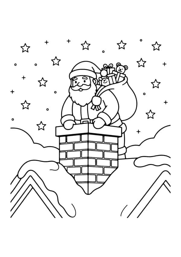 Printable hand-drawn Santa Down the Chimney coloring page