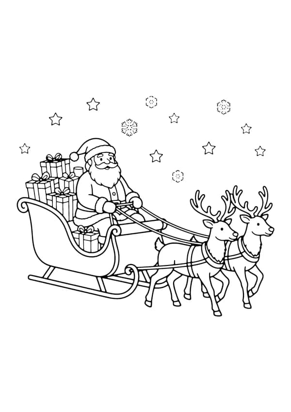 Printable hand-drawn Santa on His Sleigh coloring page