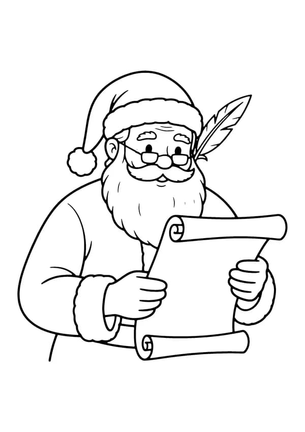 Printable hand-drawn Santa Reading His List coloring page