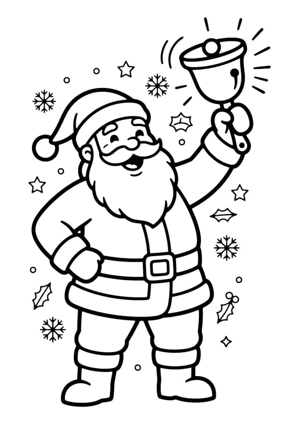 Printable hand-drawn Santa Ringing a Bell coloring page