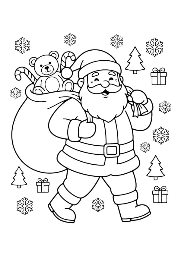 Printable hand-drawn Santa with Toy Sack coloring page