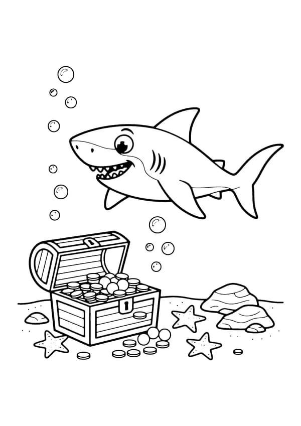 Printable hand-drawn Shark and Treasure Chest coloring page