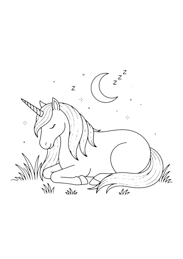 Printable hand-drawn Sleeping Unicorn coloring page