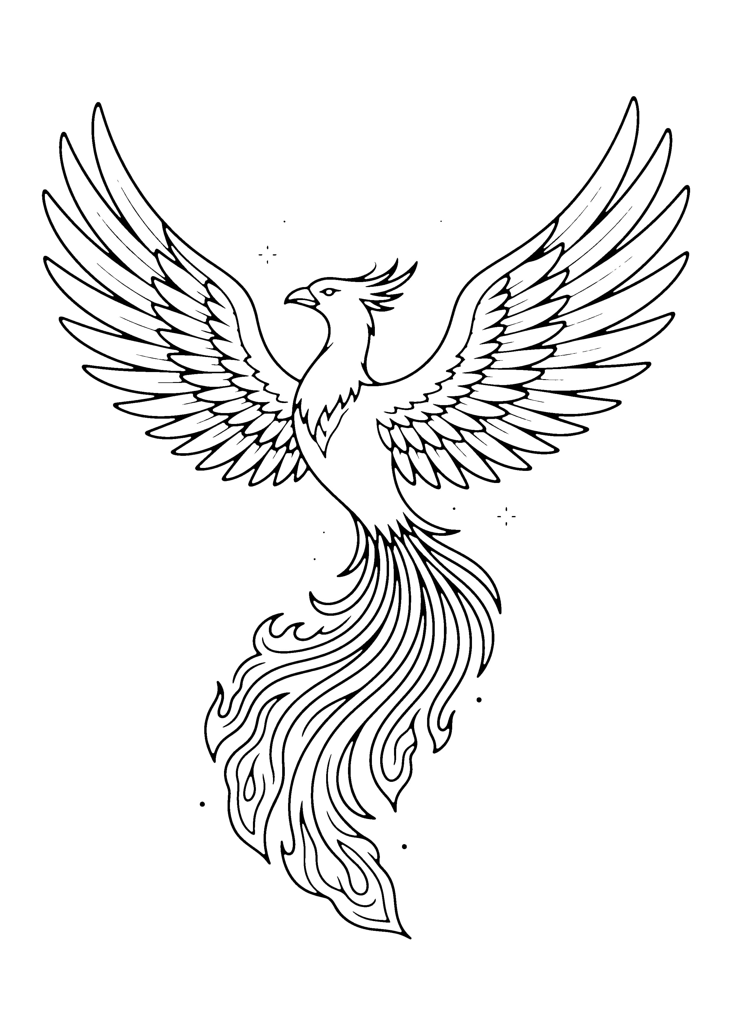 Printable hand-drawn Soaring Phoenix coloring page