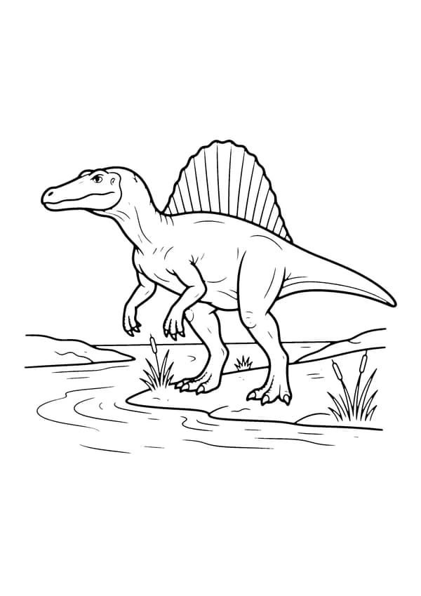Printable hand-drawn Spinosaurus by the River coloring page