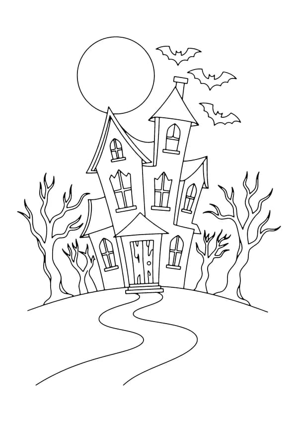 Printable hand-drawn Spooky Haunted House coloring page