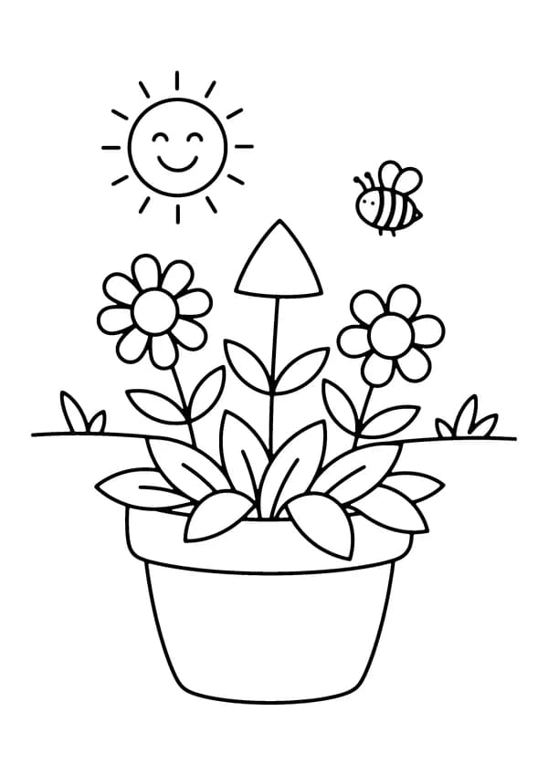 Printable hand-drawn Spring Flower Pot coloring page
