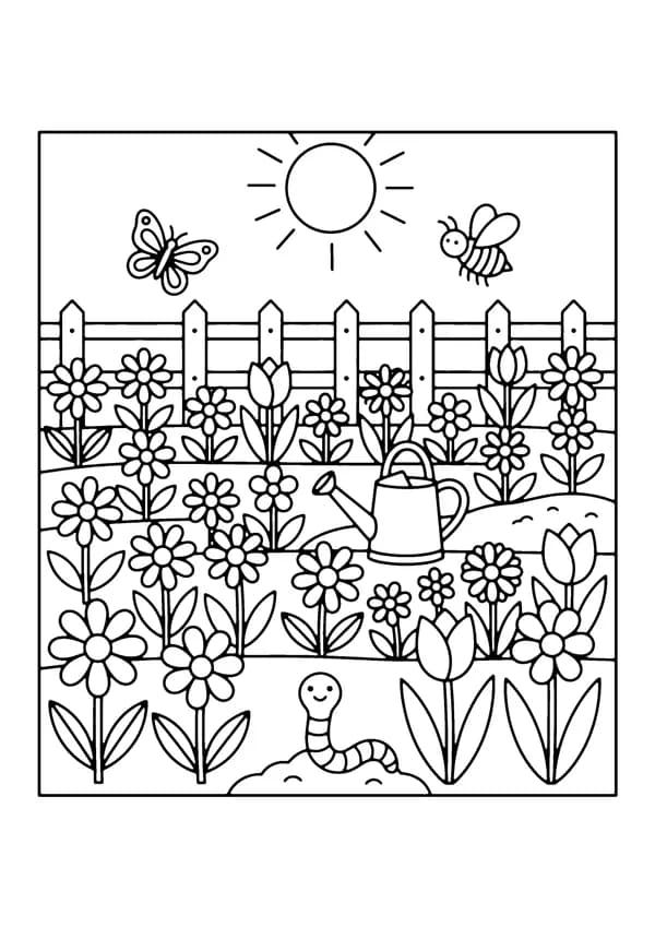 Printable hand-drawn Spring Garden Scene coloring page