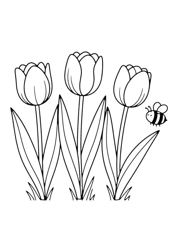 Printable hand-drawn Spring Tulip Trio coloring page