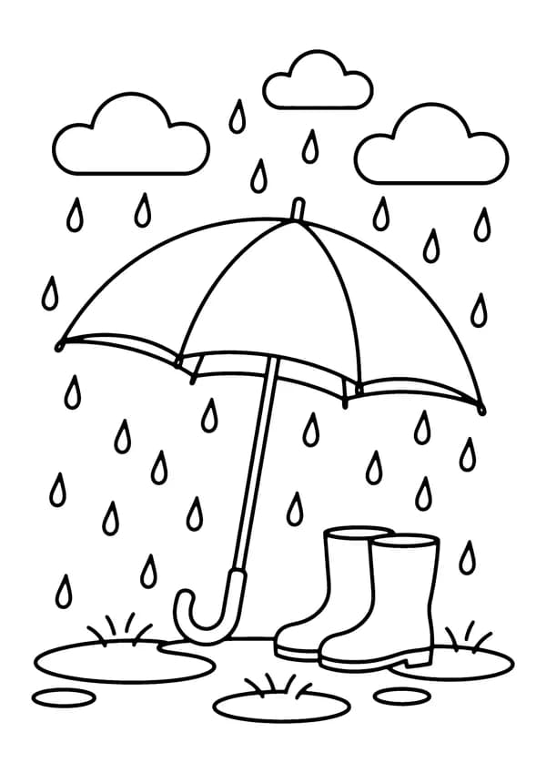 Printable hand-drawn Spring Umbrella in the Rain coloring page