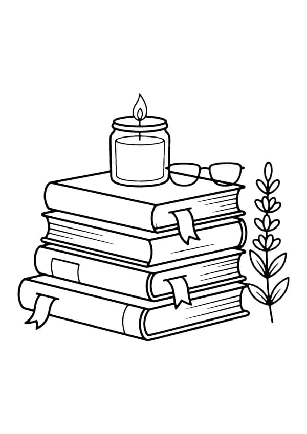 Printable hand-drawn Stack of Books and Candle coloring page