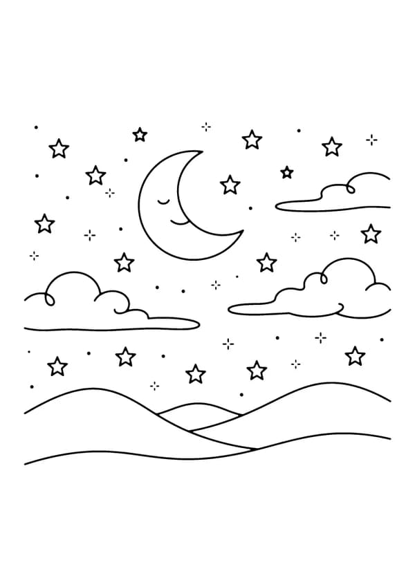 Printable hand-drawn Starry Night Sky Scene coloring page