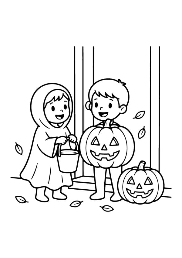 Printable hand-drawn Trick-or-Treat Kids coloring page