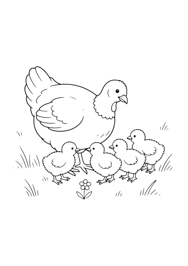 Printable hand-drawn Turkey Hen and Poults coloring page