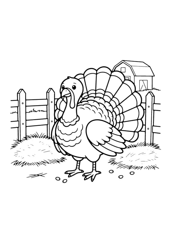 Printable hand-drawn Turkey on the Farm coloring page