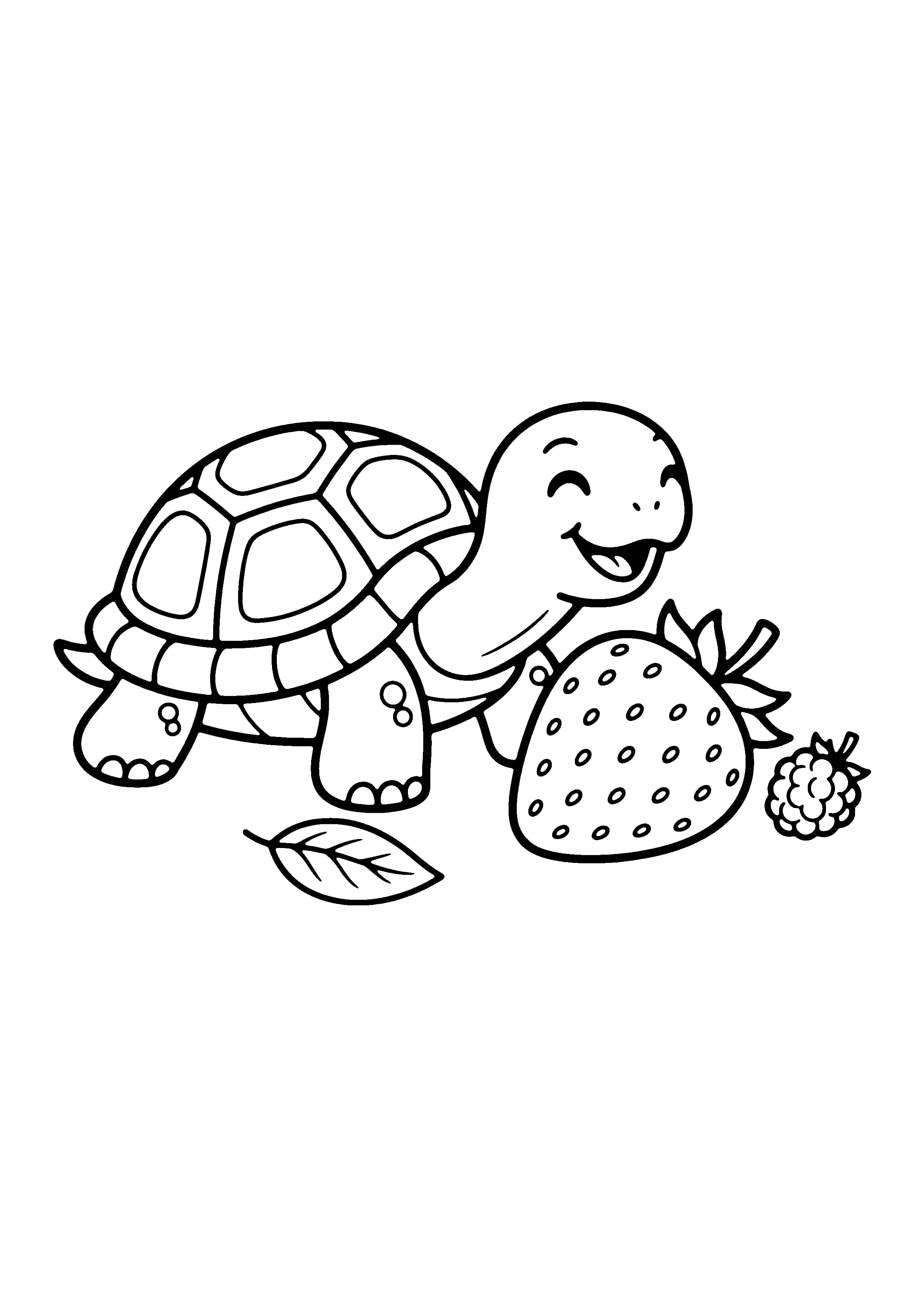 Printable hand-drawn Turtle Eating a Strawberry coloring page
