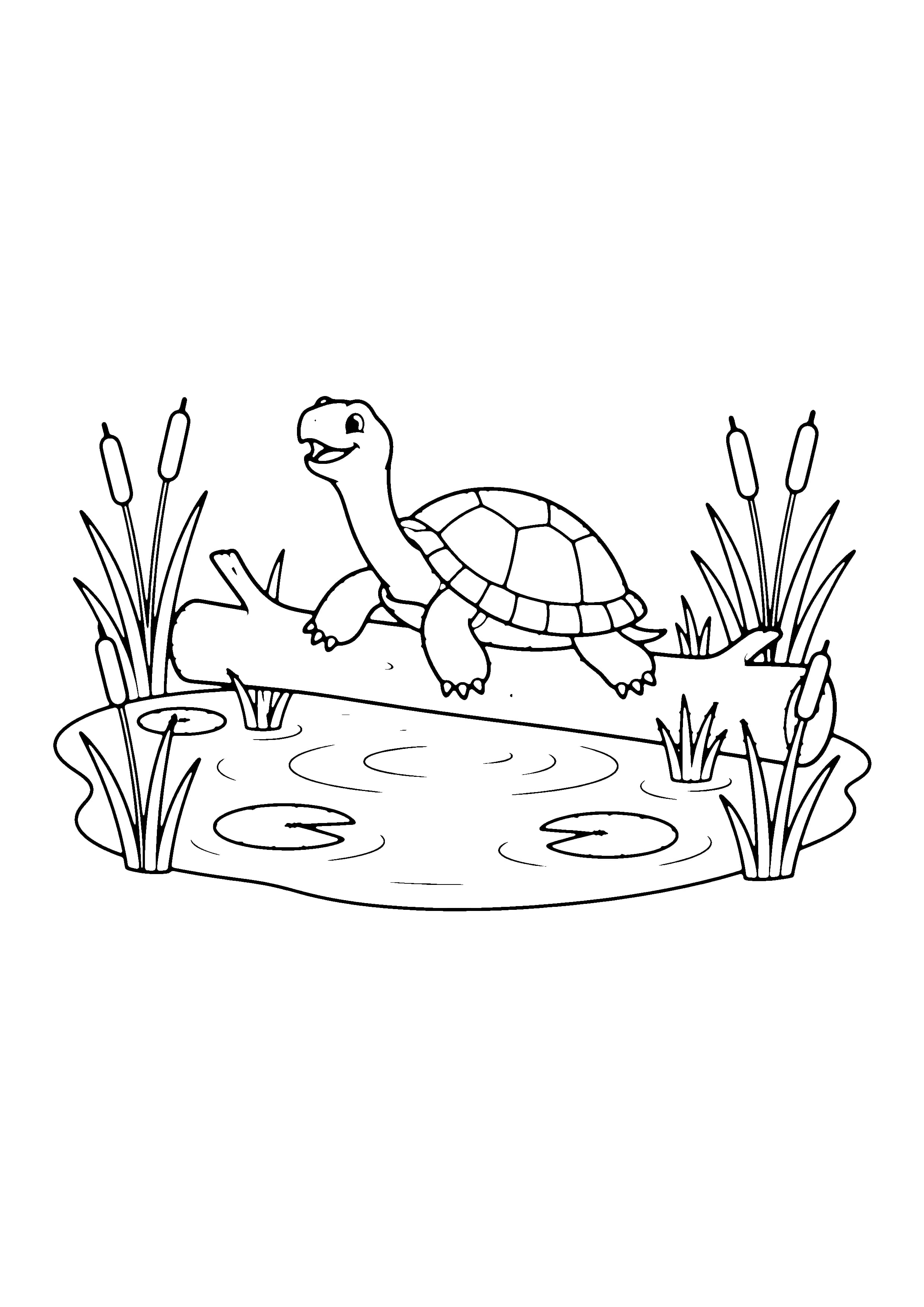 Printable hand-drawn Turtle on a Log coloring page