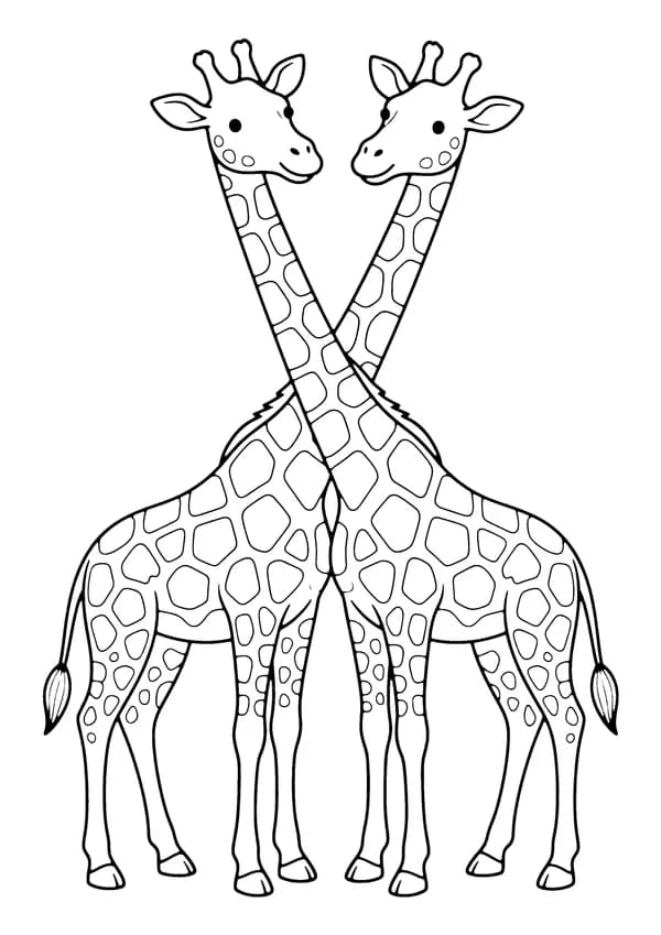 Printable hand-drawn Two Giraffes Crossing Necks coloring page