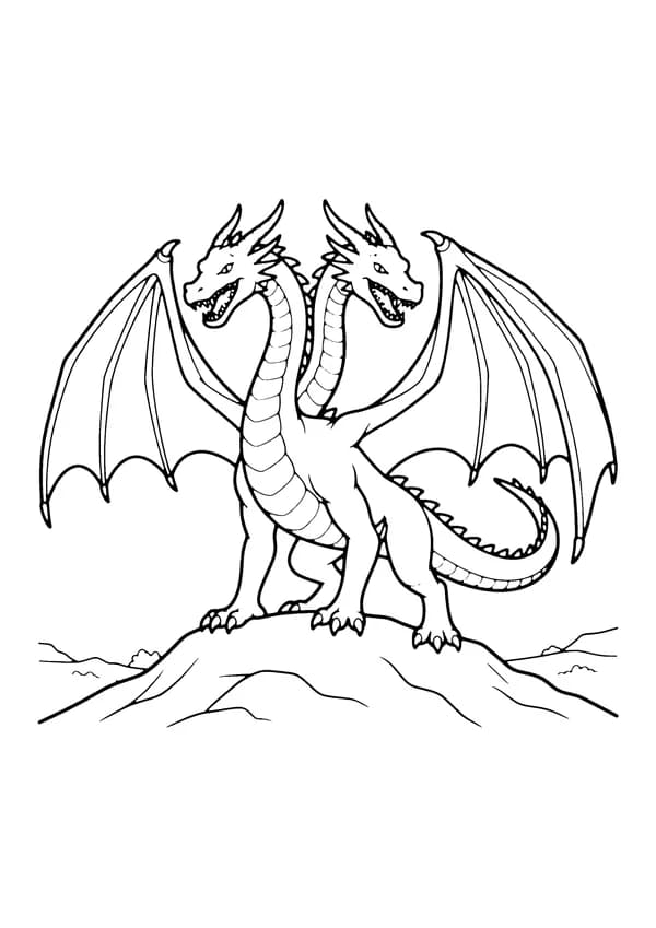 Printable hand-drawn Two-Headed Dragon coloring page
