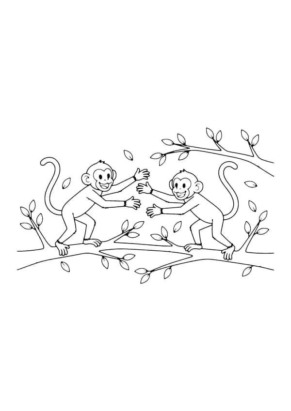 Printable hand-drawn Two Monkeys Playing coloring page