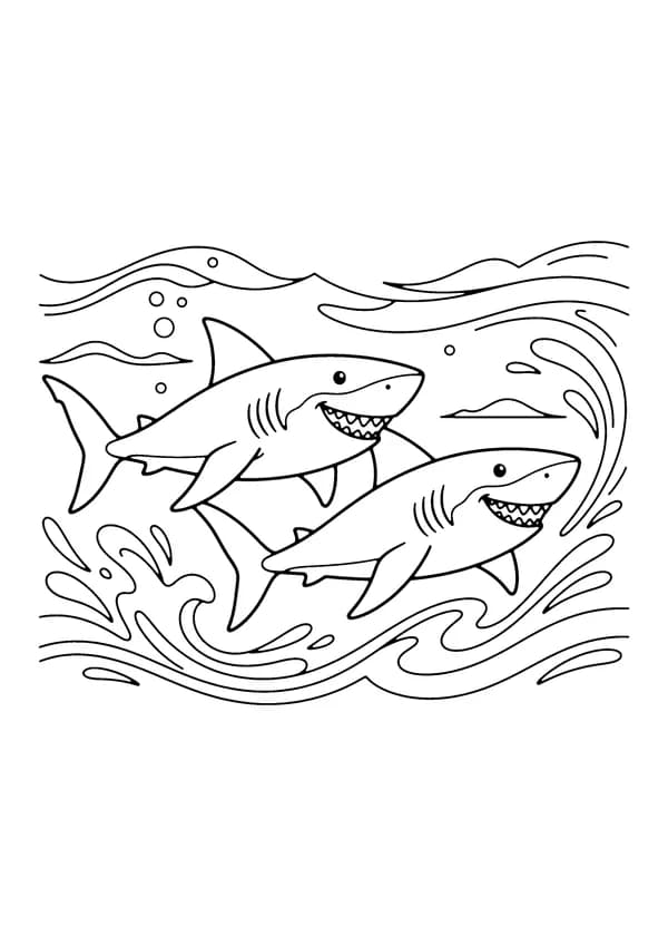 Printable hand-drawn Two Sharks Swimming coloring page