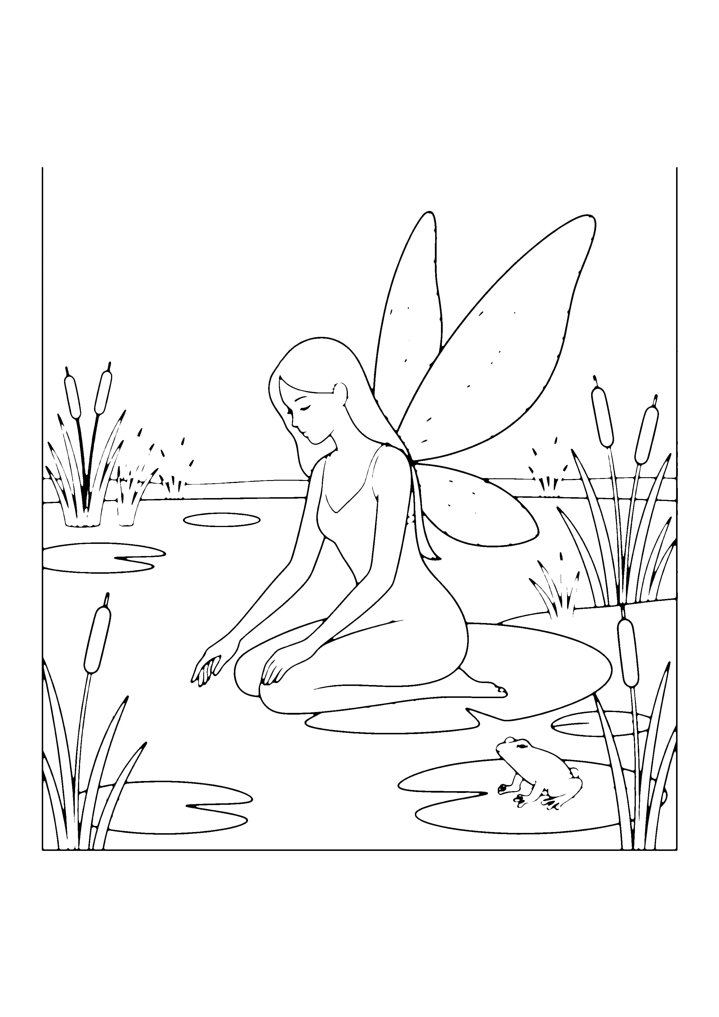 Printable hand-drawn Water Fairy by the Pond coloring page