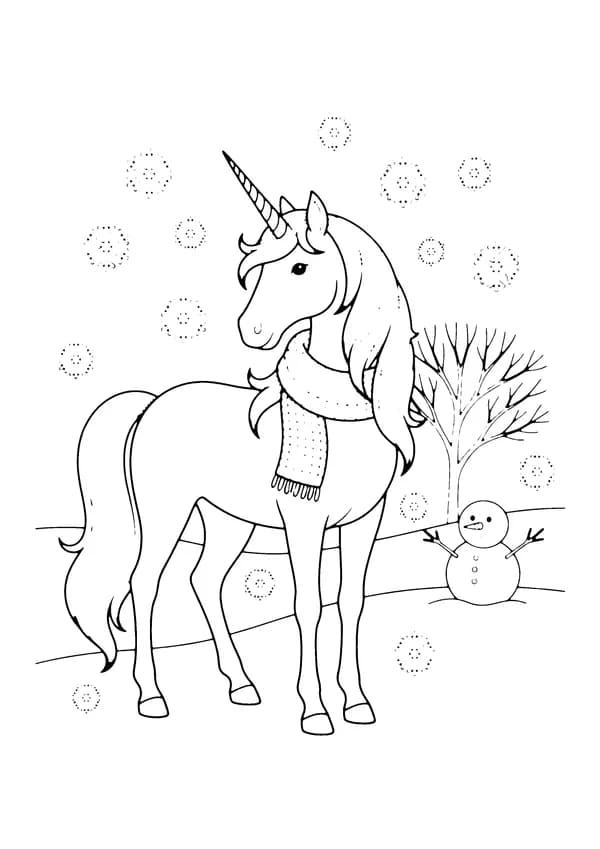 Printable hand-drawn Winter Unicorn coloring page