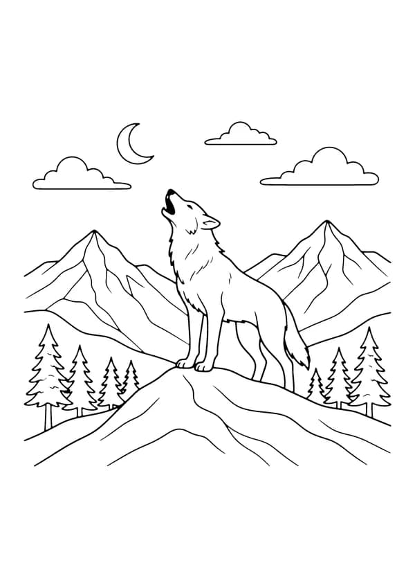 Printable hand-drawn Wolf Howling at Mountains coloring page