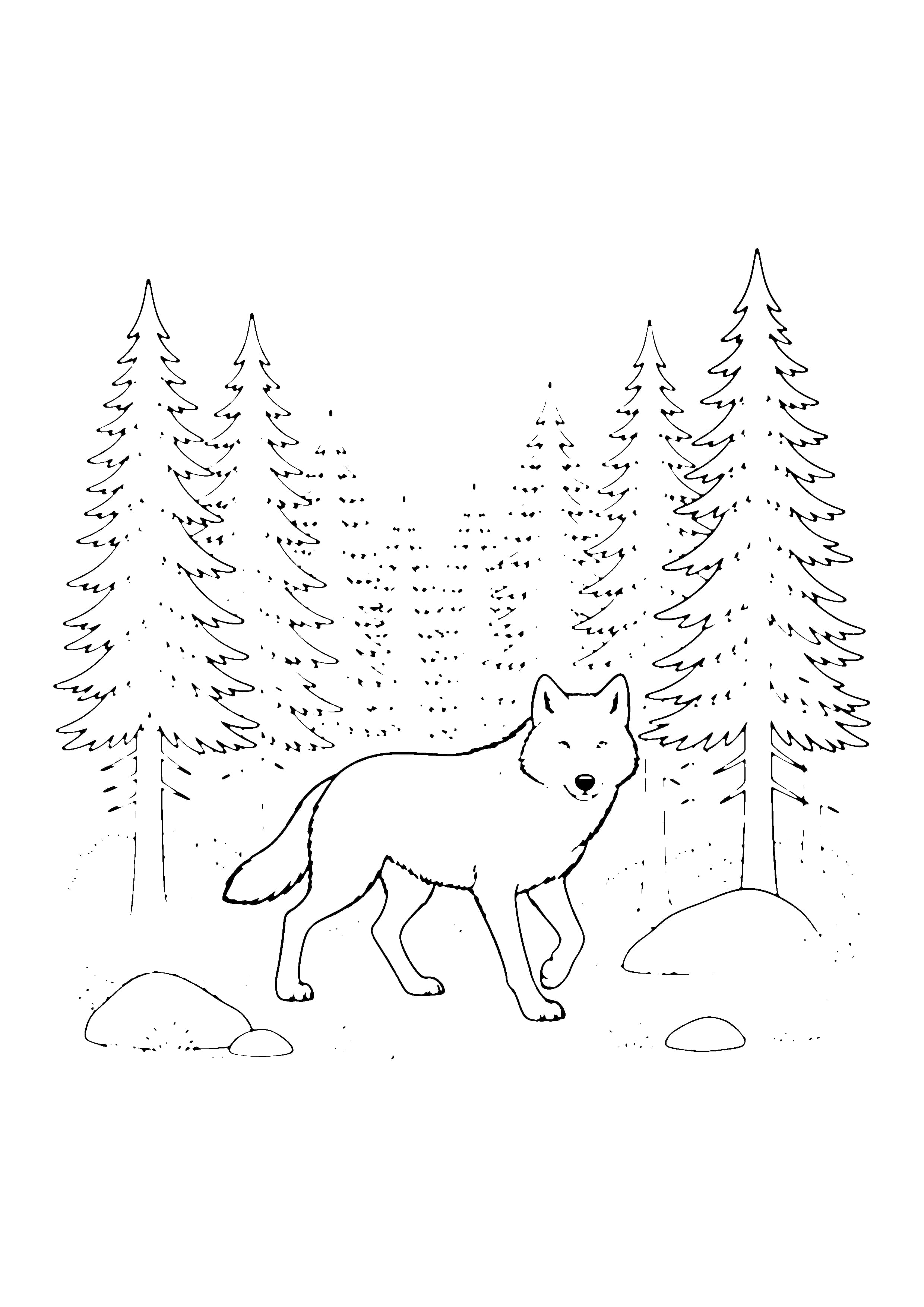 Printable hand-drawn Wolf in the Forest coloring page