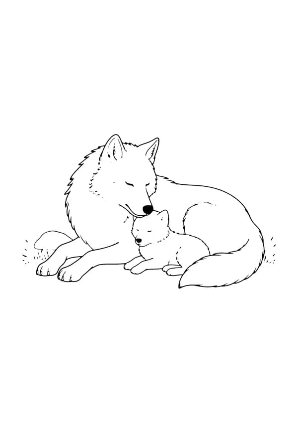Printable hand-drawn Wolf Mom and Pup coloring page