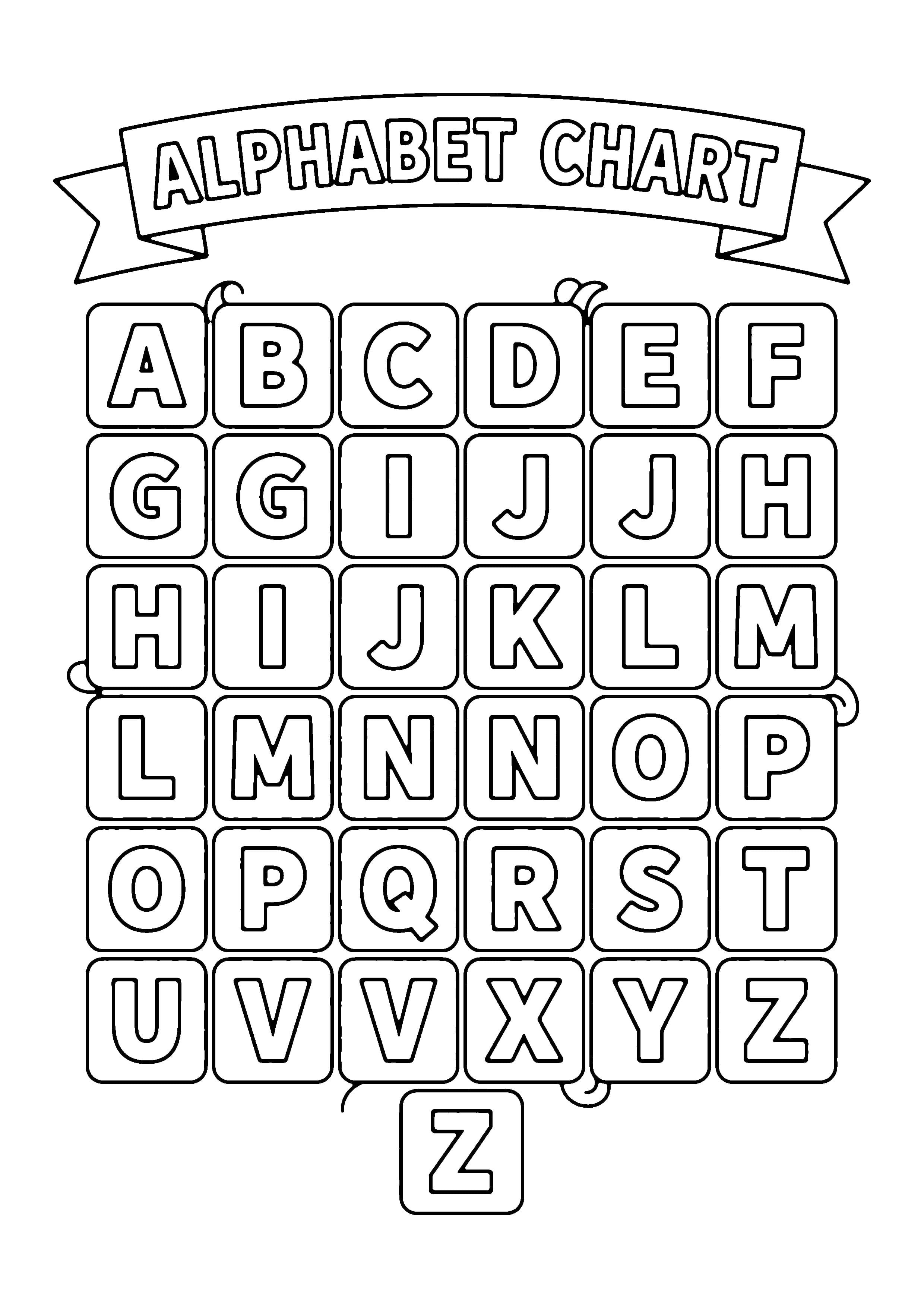 Printable hand-drawn Alphabet ABC Chart coloring page