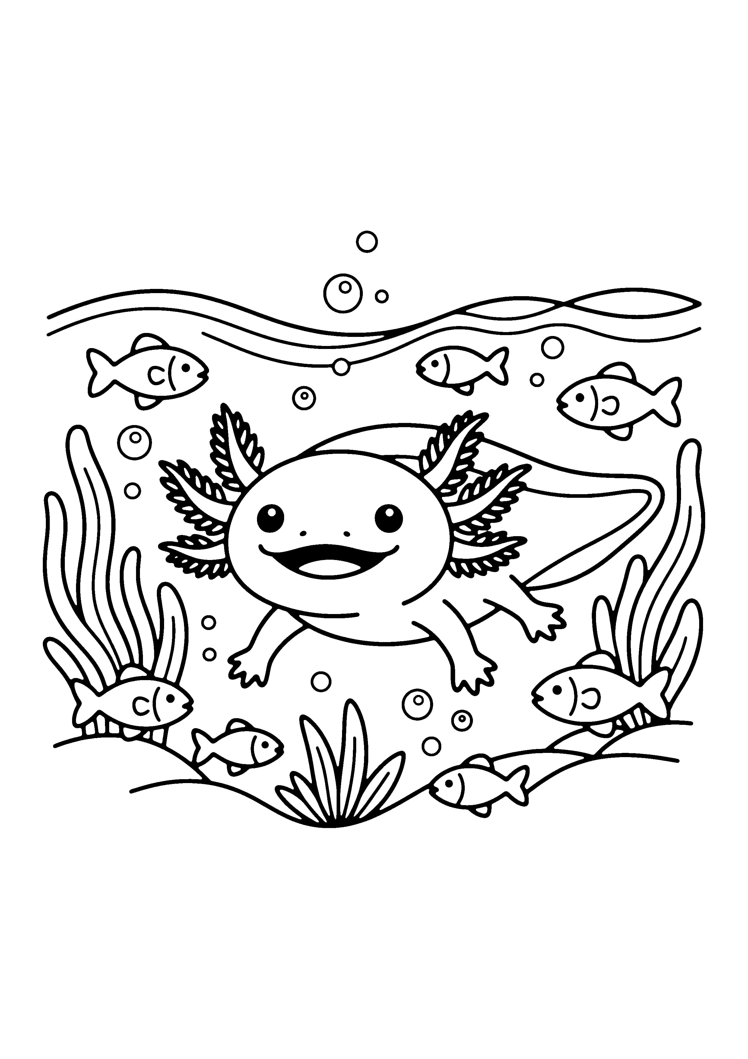 Printable hand-drawn Axolotl and Tiny Fish coloring page