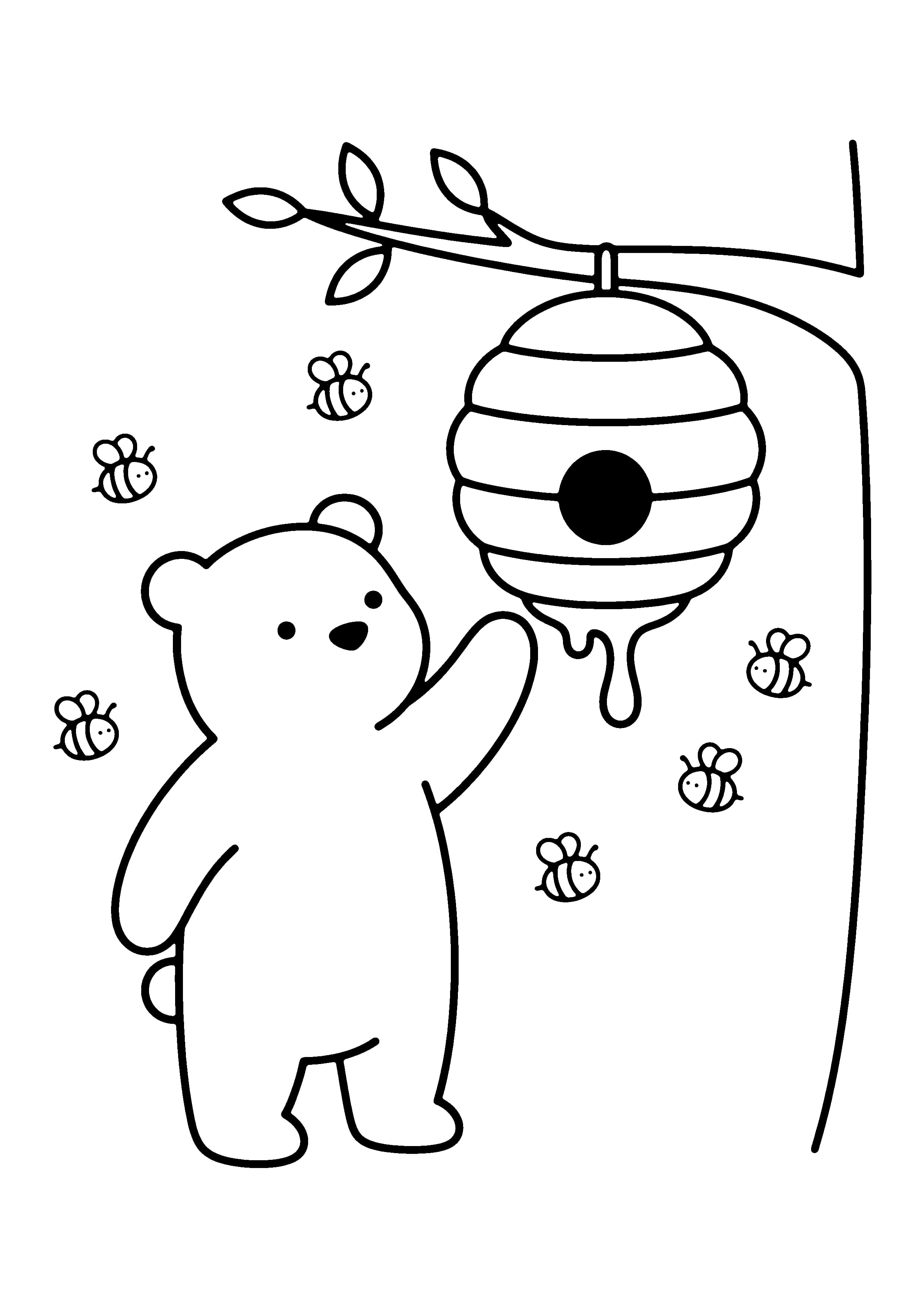 Printable hand-drawn Bear and the Beehive coloring page