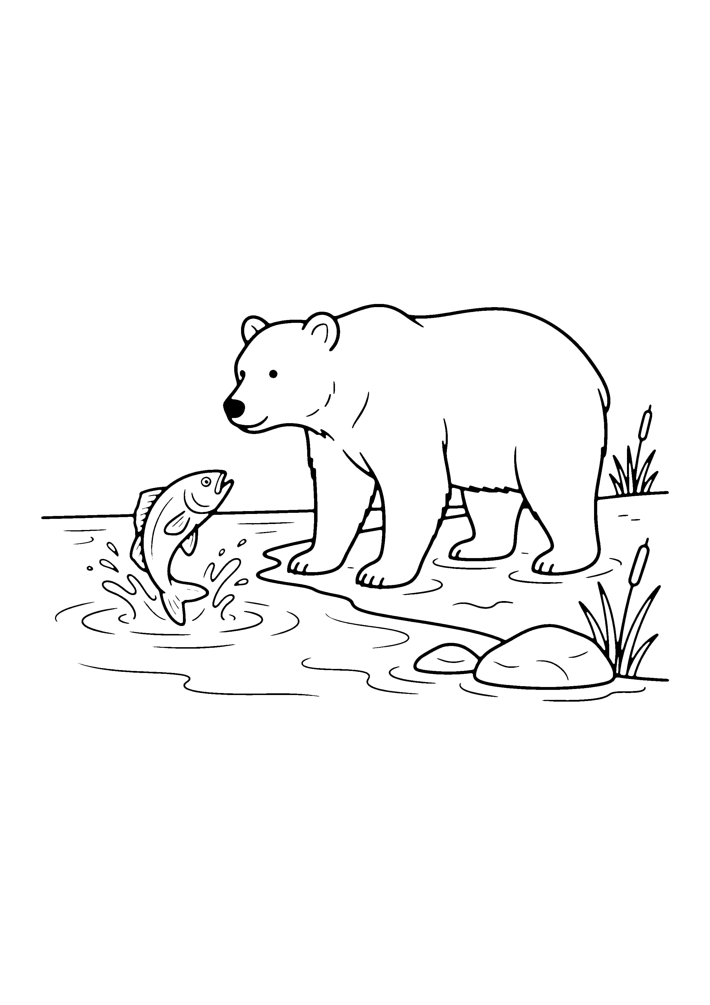 Printable hand-drawn Bear Catching Fish coloring page