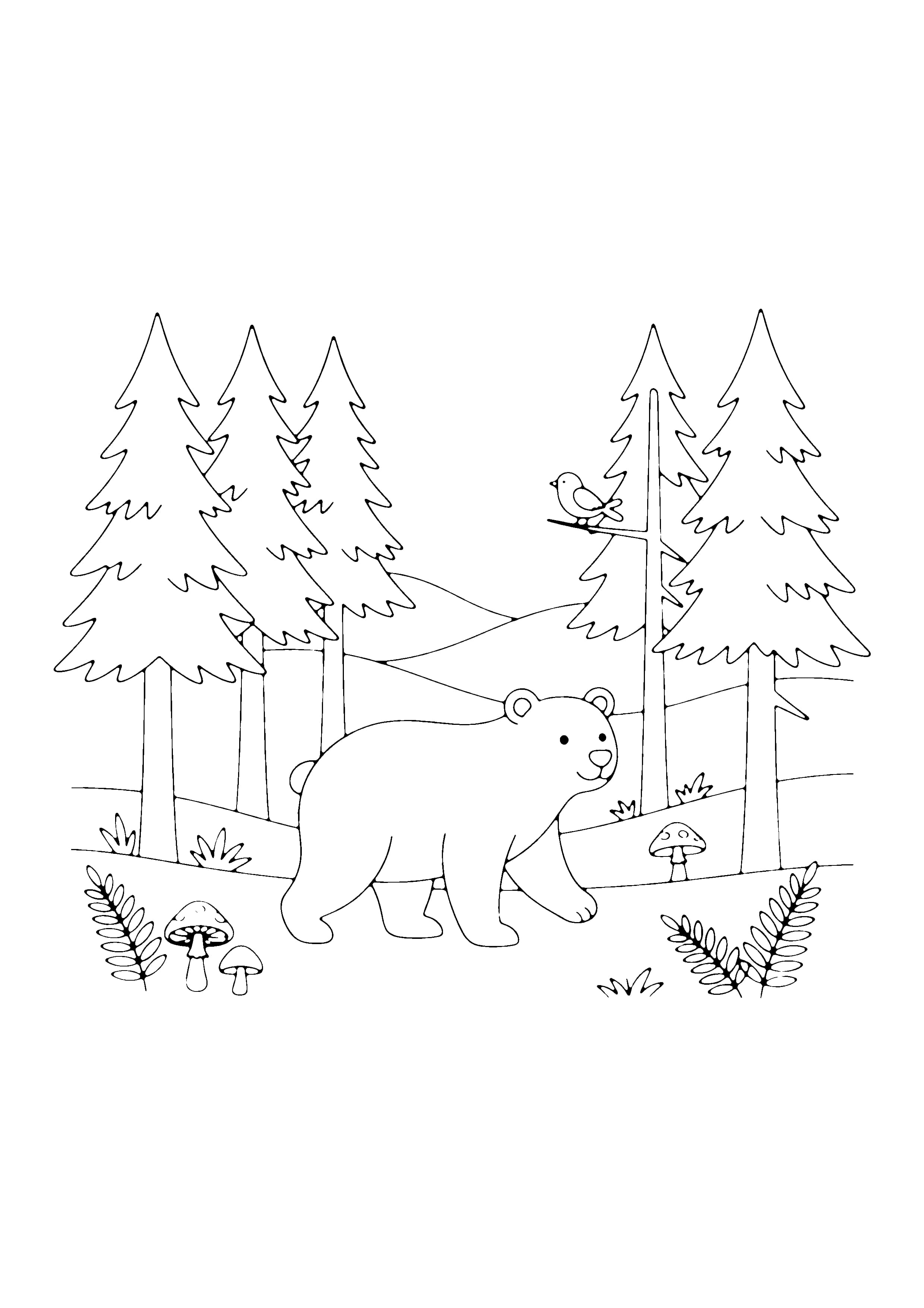 Printable hand-drawn Bear in the Forest coloring page