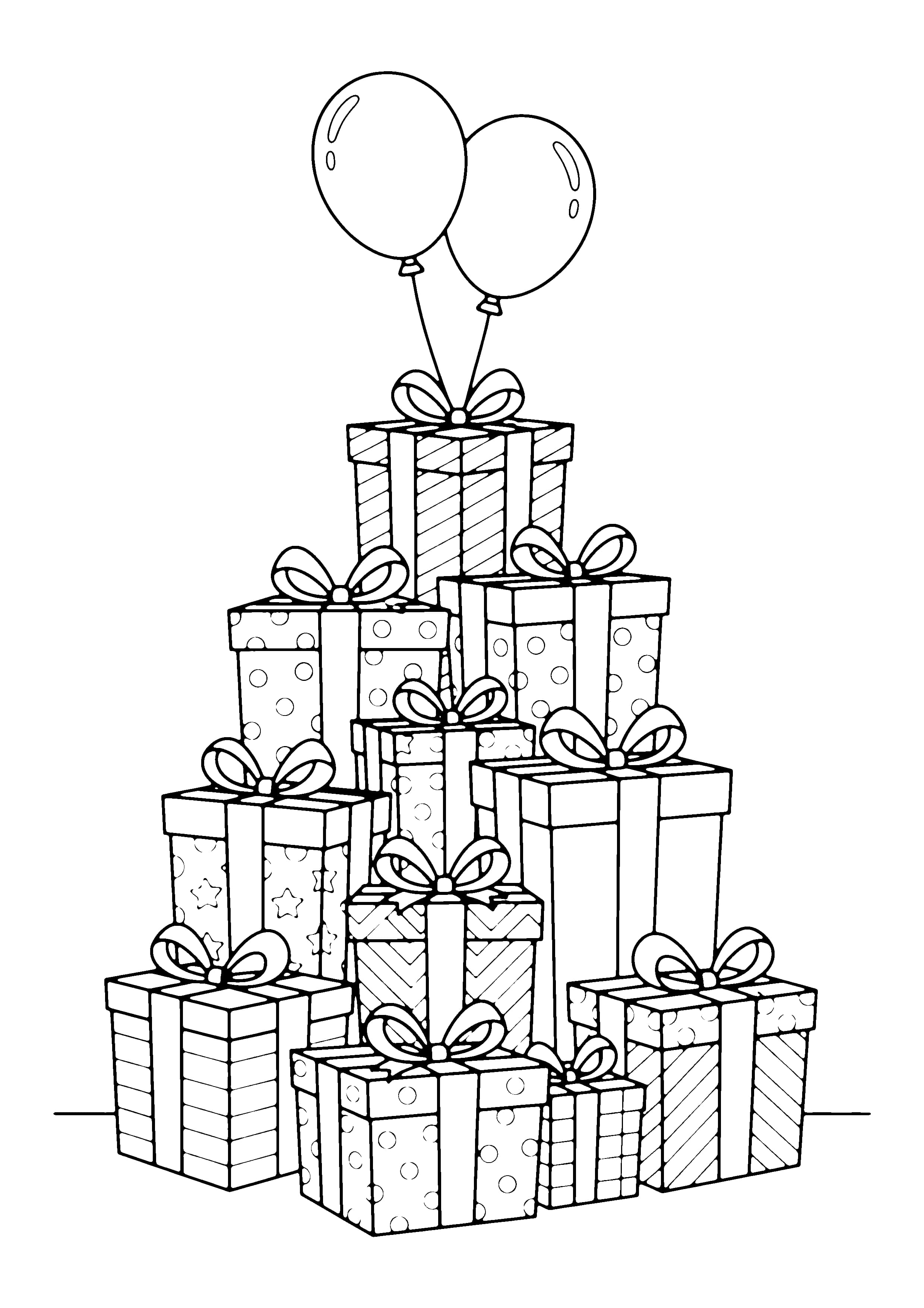 Printable hand-drawn Birthday Gift Pile coloring page
