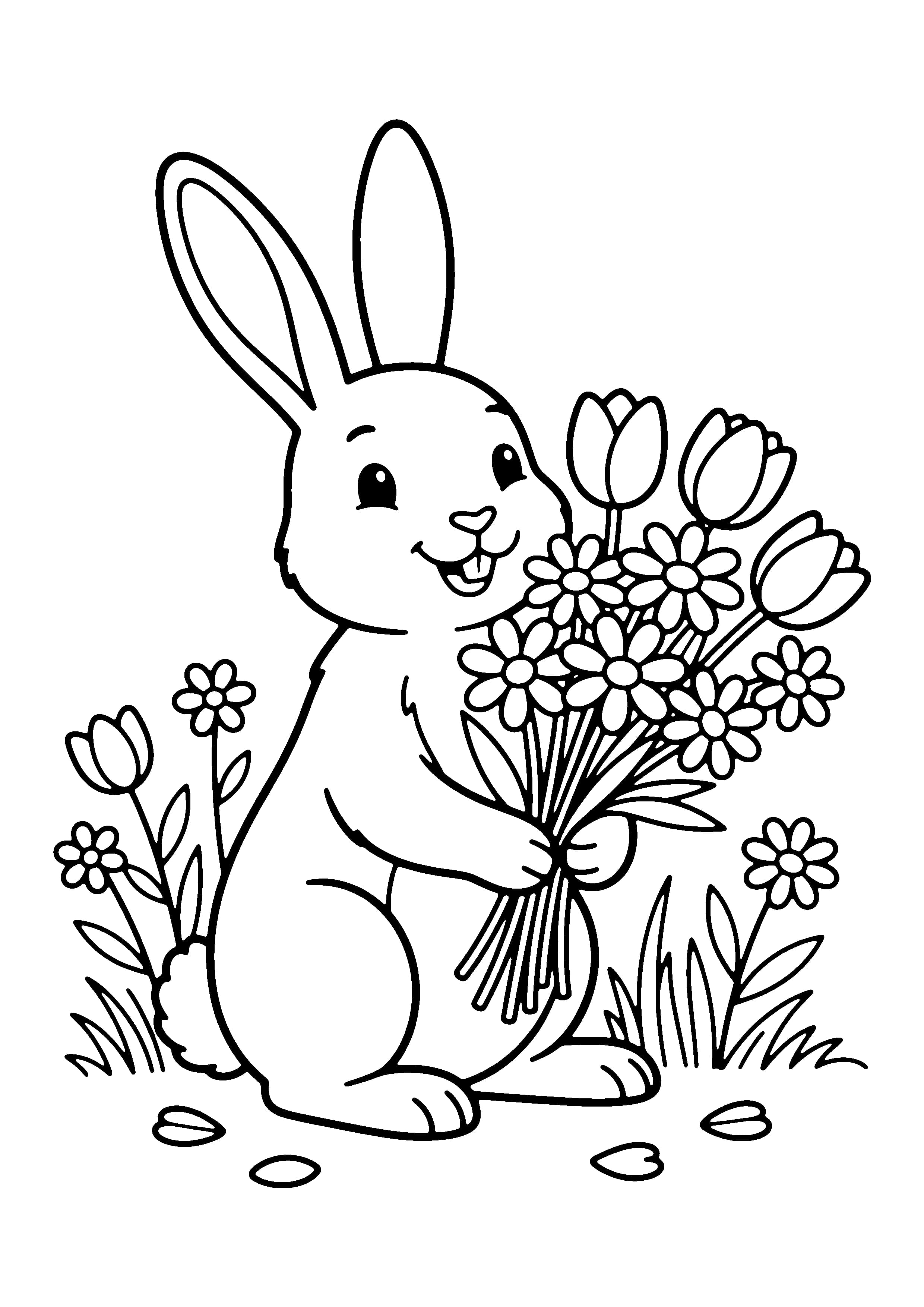 Printable hand-drawn Bunny With a Spring Bouquet coloring page