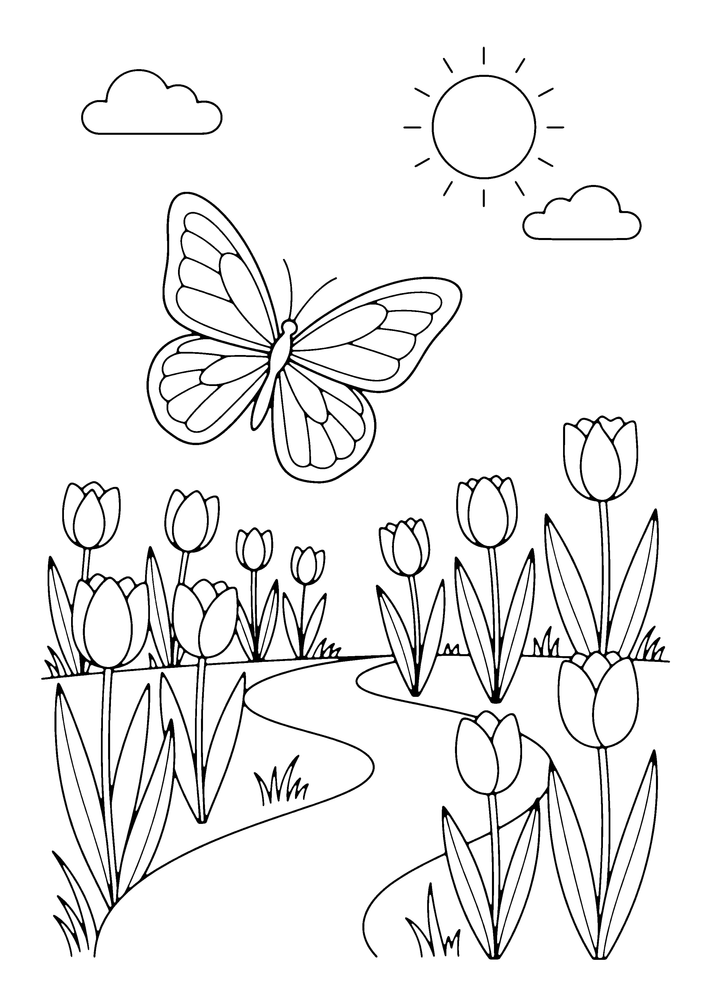 Printable hand-drawn Butterfly in the Garden coloring page