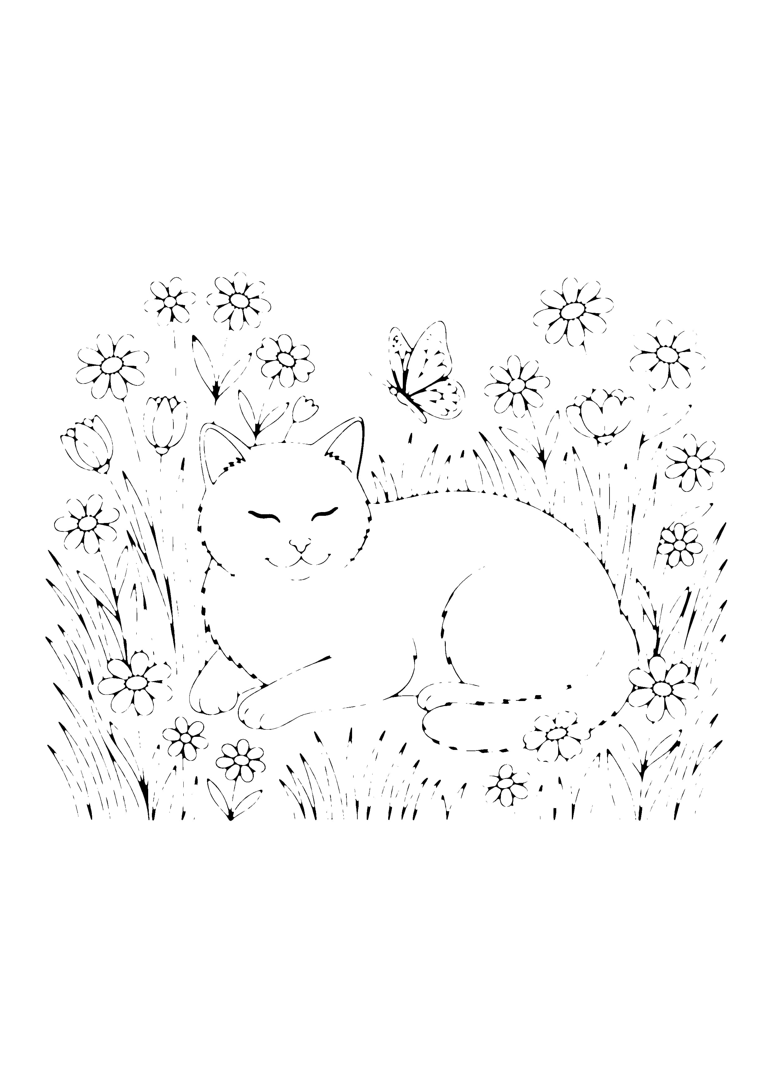 Printable hand-drawn Cat Loafing in the Garden coloring page