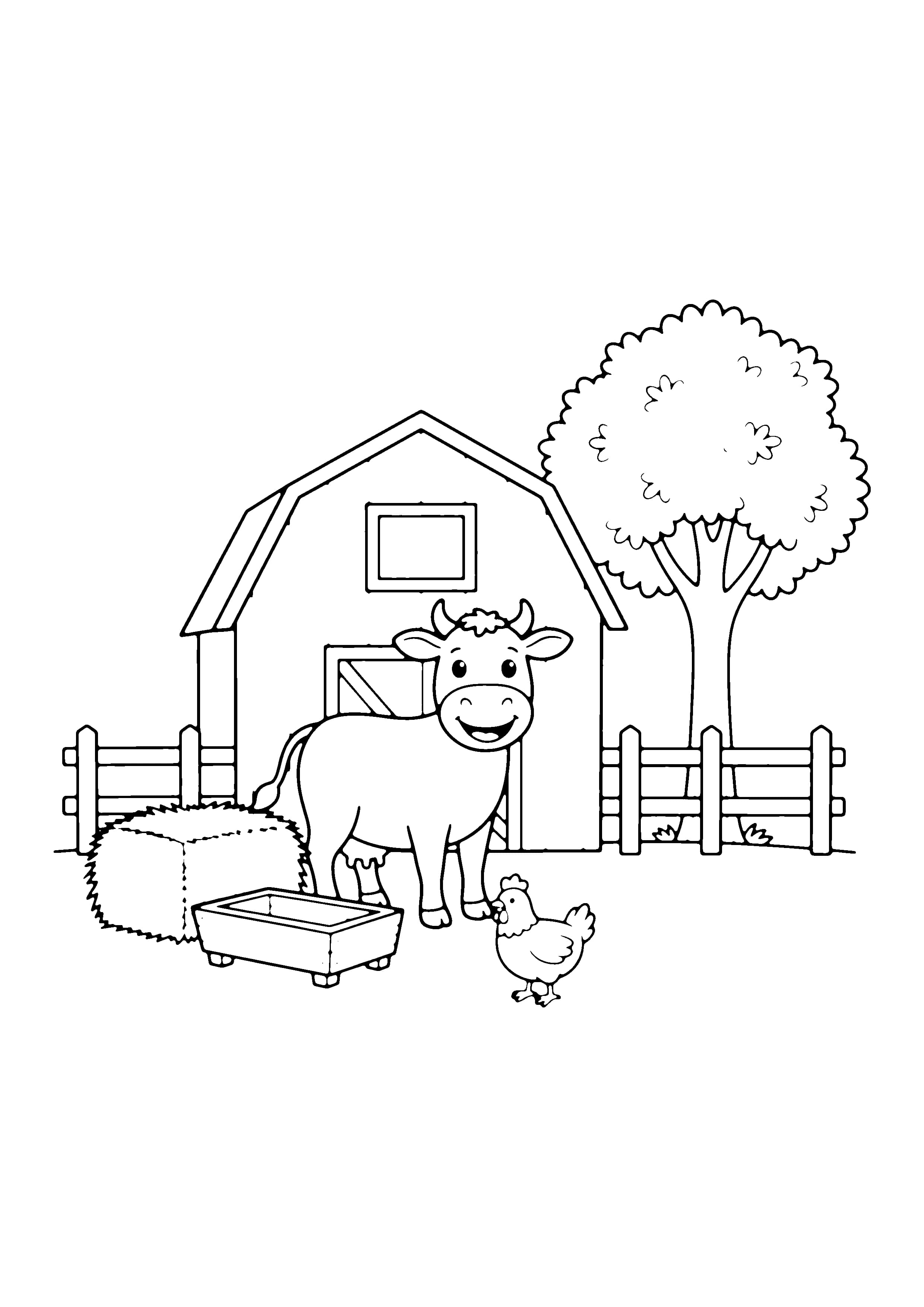 Printable hand-drawn Cow in the Barnyard coloring page