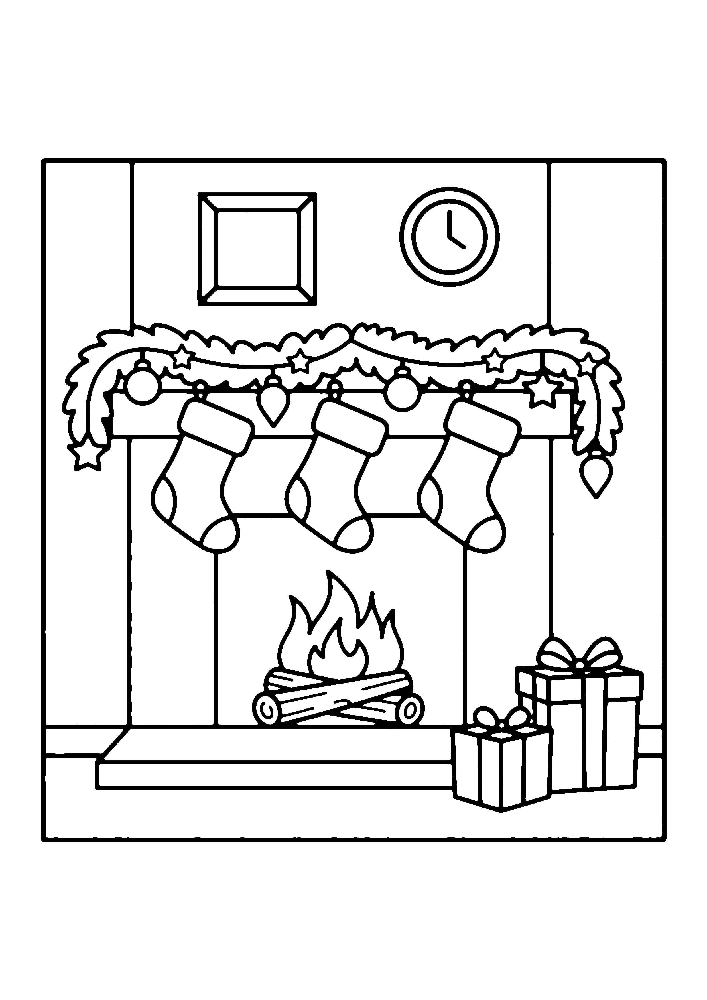 Printable hand-drawn Cozy Christmas Fireplace coloring page