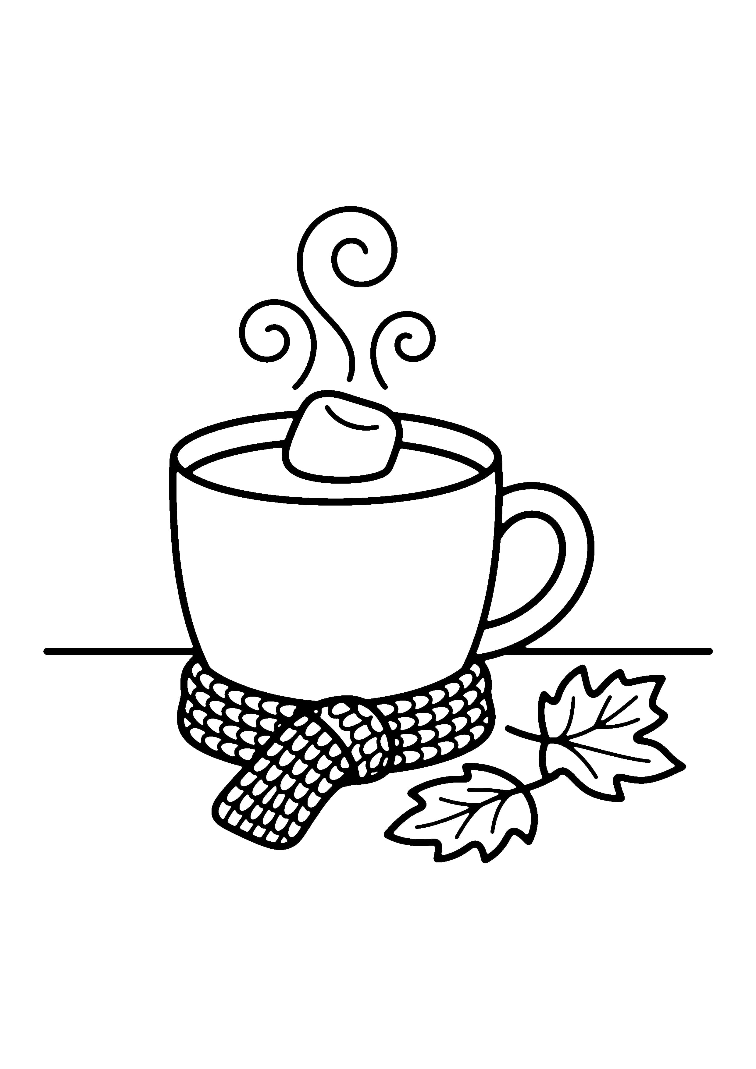 Printable hand-drawn Cozy Mug and Leaves coloring page