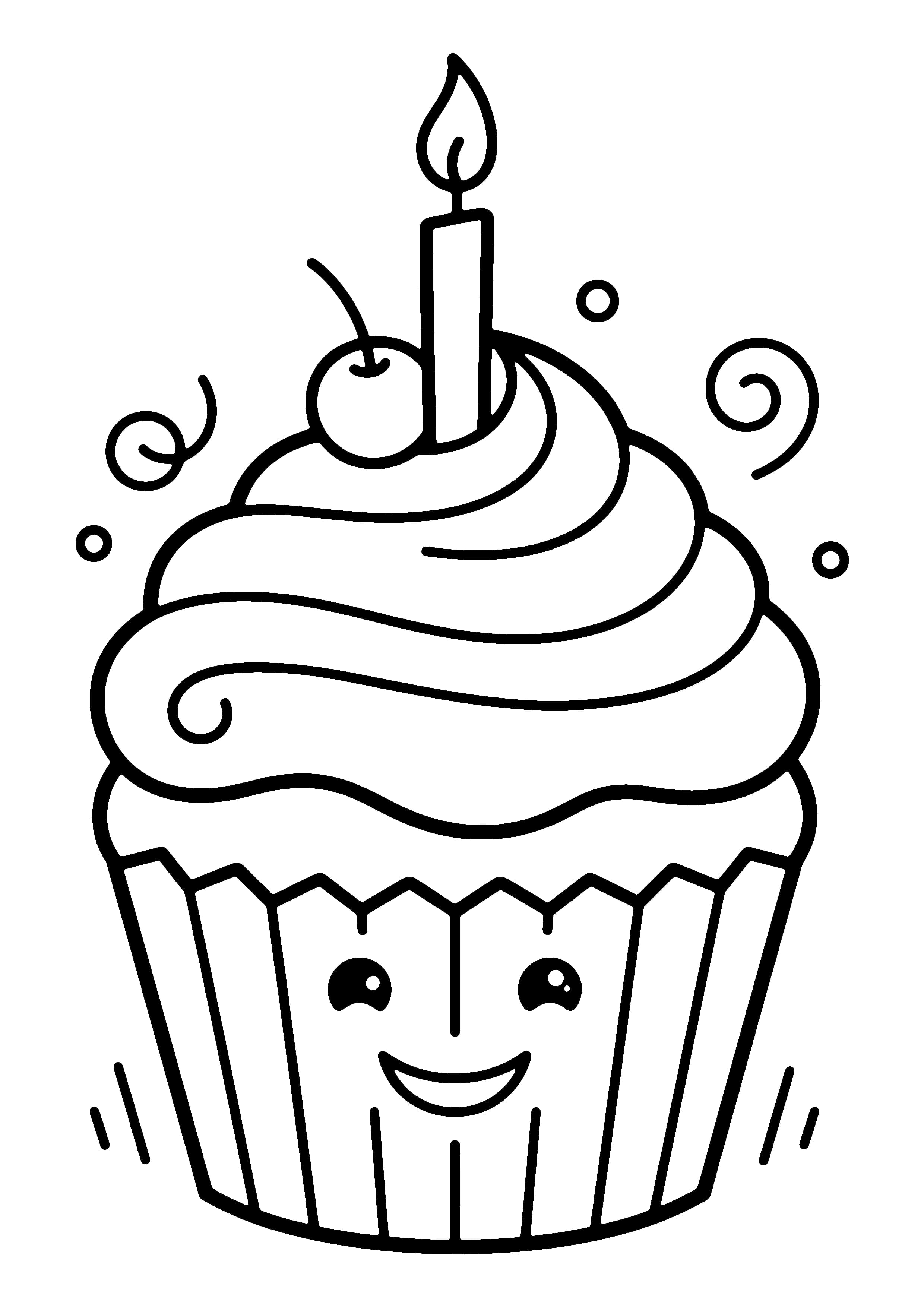 Printable hand-drawn Cute Birthday Cupcake coloring page